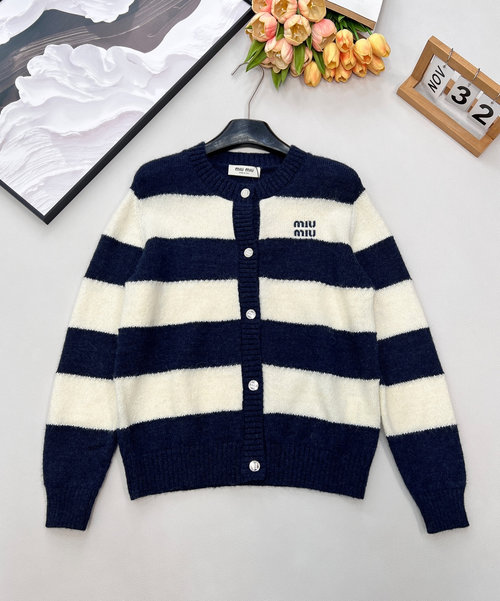 Miu Miu Soft Wool Blend Cardigan with Striped Contrast and Embroidery