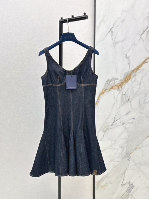 Louis Vuitton Denim V-Neck Ruffled Dress with Contrast Stitch