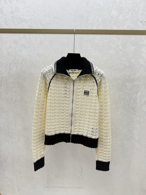 Miu Miu Contrast Color High-Neck Hollow Knit Long Sleeve Cardigan in White