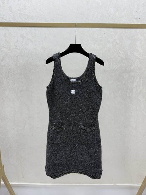 Chanel Solid Color Beaded Knit Vest Dress in Grey