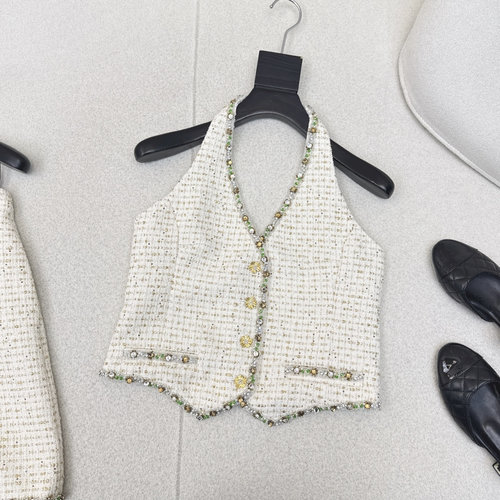 Chanel High-Fashion Gold Tweed Studded Halter Vest for Runway Look