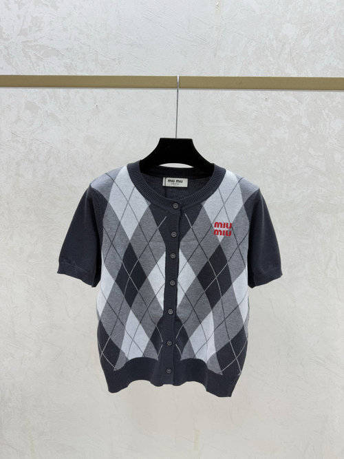 Miu Miu Grey Knitted Short-Sleeved Cardigan with Color-Blocked Check