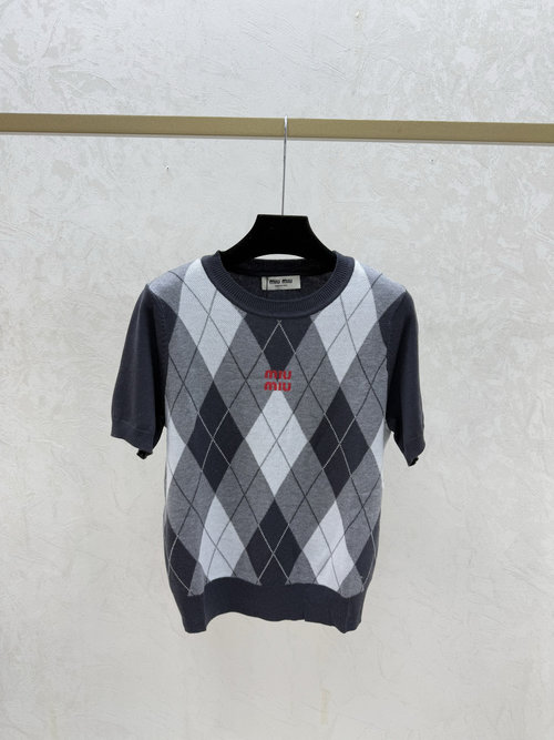 Miu Miu Grey Knitted Short-Sleeved Top with Color-Blocked Check