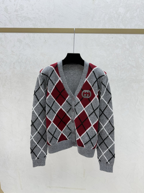 Gucci Grey Knitted Long-Sleeved Cardigan with Color-Blocked Check and V-Neck