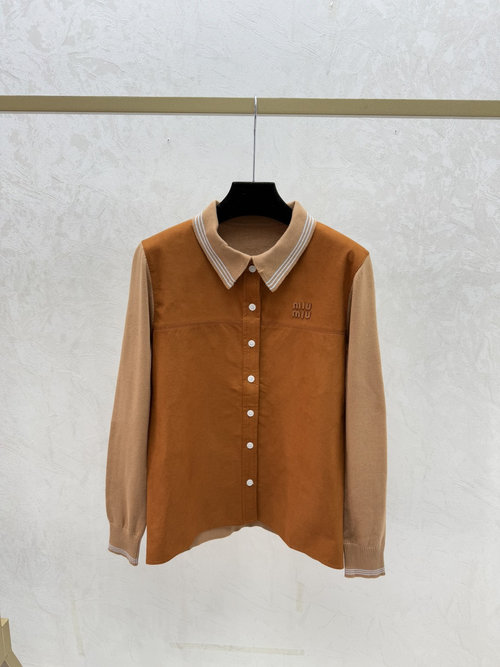 Miu Miu Khaki Knitted Long-Sleeved Cardigan with Color-Blocked Collar