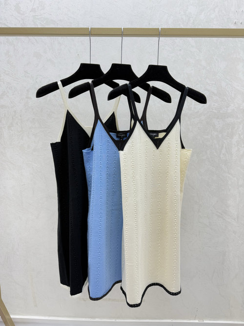 Chanel Color-Blocked Knitted Sling Dress in White, Blue and Black
