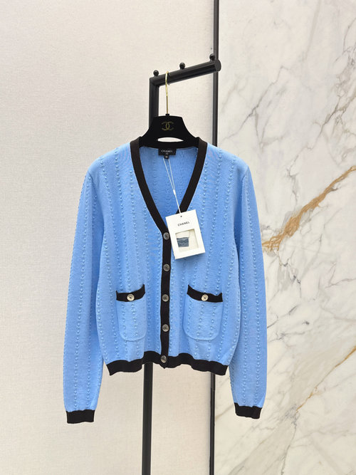 Chanel Stylish V-Neck Cardigan with Contrast Trim