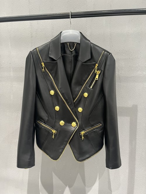 Balmain Sheepskin Blazer with Gold Buttons and Zipper