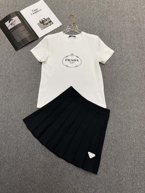 Prada Stylish T-shirt and Pleated Skirt Ensemble with Elegant Aesthetic