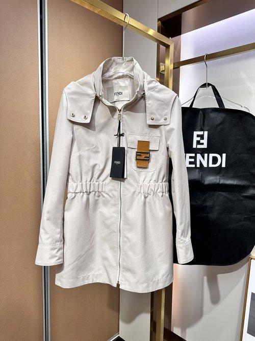 Fendi Exclusive FD Khaki Cotton Silk Hooded Sunscreen Jacket with Classic Details