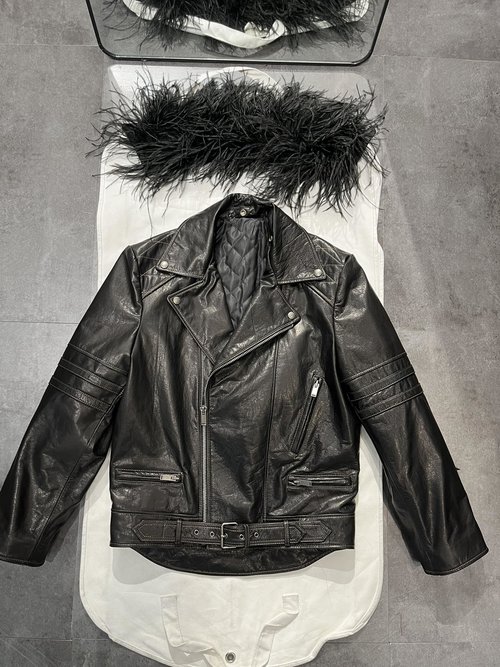 Yves Saint Laurent Customized Waxed Cowhide Jacket with Detachable Ostrich Feather Collar