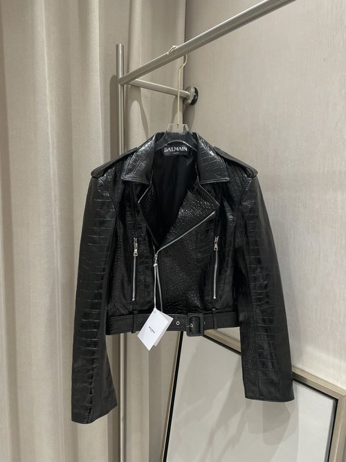 Balmain Crocodile-Patterned Sheepskin Motorcycle Jacket in Multiple Sizes
