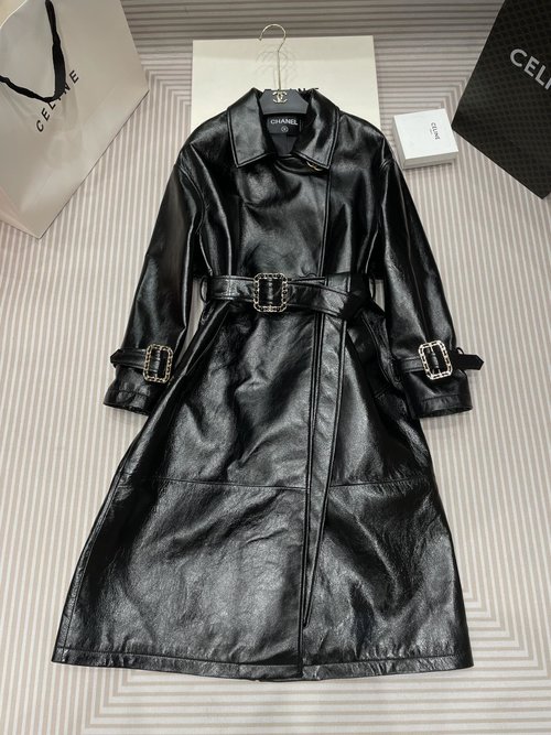 Chanel Chanel-Inspired Long Sheepskin Patent Leather Trench Coat with Oversized Fit