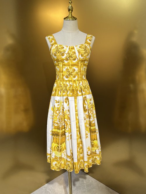 Versace Cotton Corset Waist-Contracted Flared Strappy Dress with Yellow Flower Pattern
