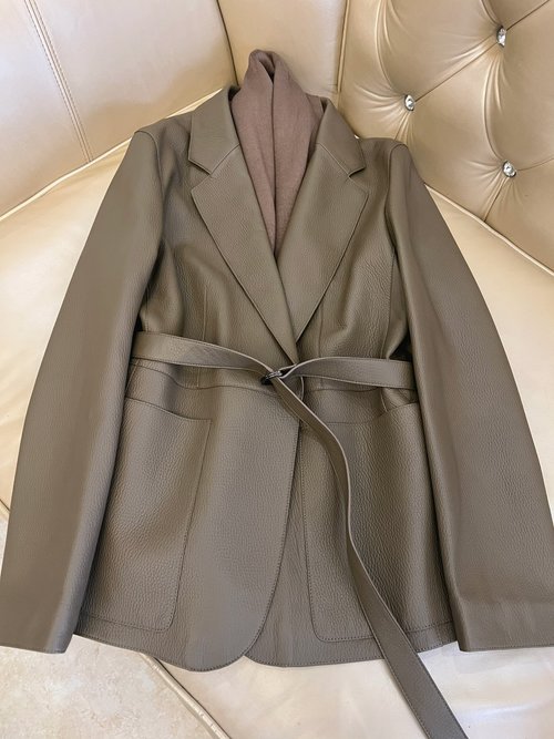 Hermes Sophisticated Dark Khaki Leather Coat with Detachable Scarf