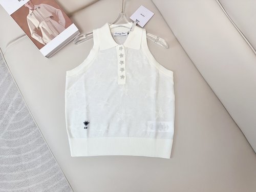 Dior Ultra-thin Tencel Sleeveless Top with Diamond Buttons and Five-star Jacquard