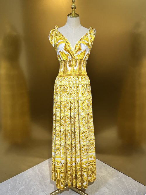 Dolce & Gabbana Yellow Flower Porcelain Series Adjustable Shoulder Straps Cotton Dress