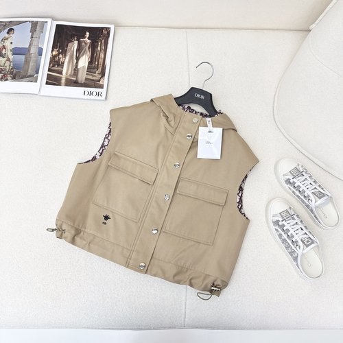 Dior Khaki Hooded Waterproof Vest with Classic Embroidery and Checked Lining