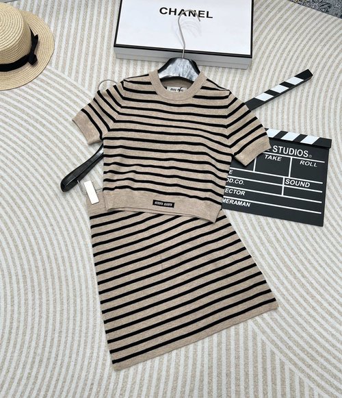 Miu Miu Stripe Knit Top and Mini Skirt Set for an Elegant Appearance