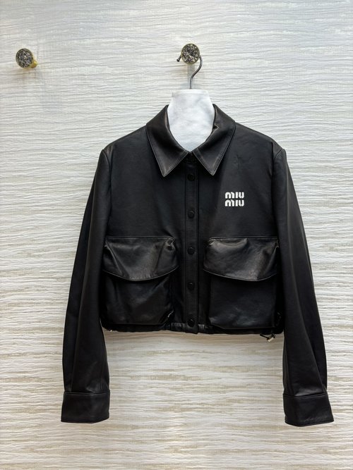 Miu Miu Retro Style Double-Pocket Short Leather Jacket