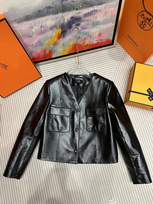 Chanel Classic Leather Jacket with Exquisite Buttons and Camellia Lining
