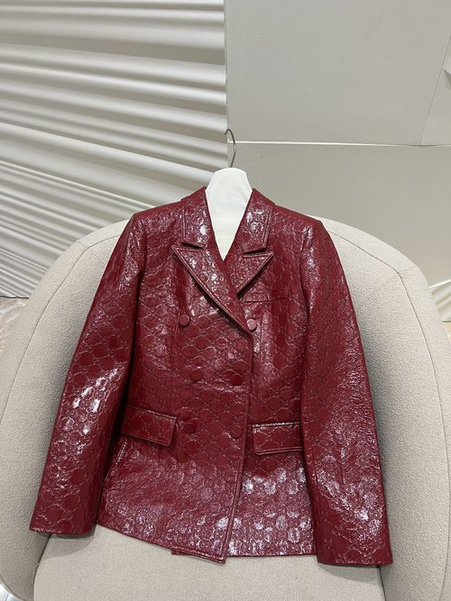 Gucci Angora Red Lacquered Leather Suit Jacket with GG Print and Imported Sheepskin