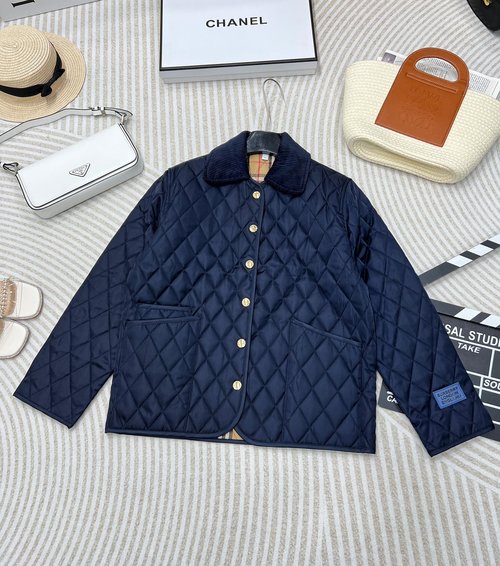 Burberry Cotton Quilted A-line Jacket with Logo Buttons and Velvet Collar