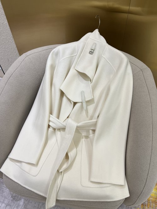 Hermes Elegant Leather - Buttoned Collar Cashmere Double - Faced Coat