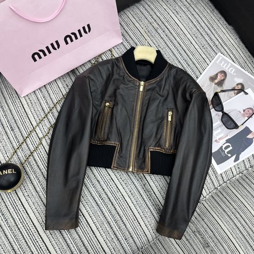 Miu Miu Recommended Mu Series Spliced Cropped Sheepskin Coat