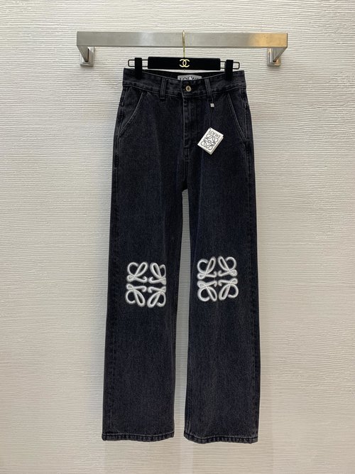 Loewe Straight Wide-Leg Dark Gray Jeans with Logo Embroideries