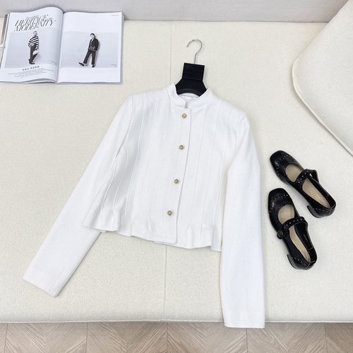 Dior Exquisite Pure-Color Small Coat with Ruffle Hem and Gold Buttons