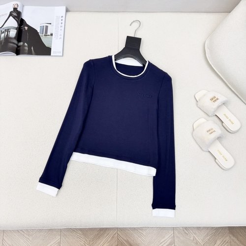 Miu Miu Color-Blocked Long-Sleeve Base Layer with Embroidery