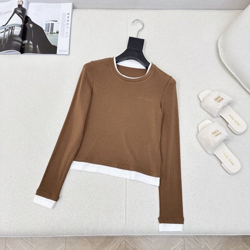 Miu Miu Color-Blocked Long-Sleeve Base Layer with Embroidery