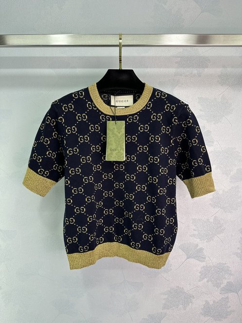 Gucci Classic Double G Embroidered Wool Blend Short Sleeve
