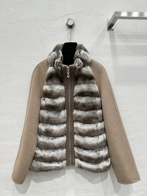 Loro Piana Exclusive High-end Rex Rabbit Fur Collared Jacket with Cashmere Splicing
