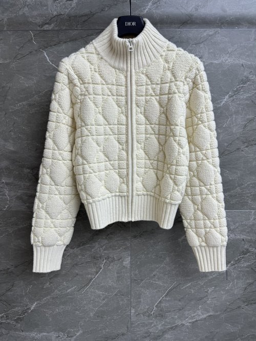 Dior Stand Collar Zippered Short Cardigan with Vine Checks