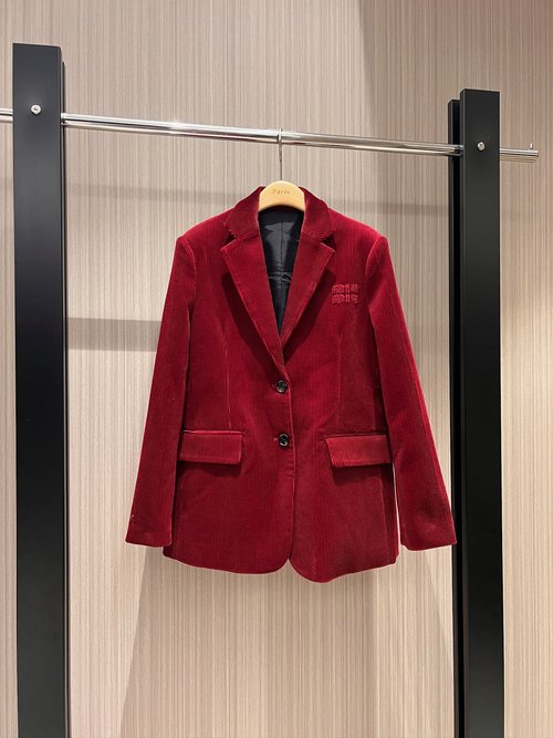 Miu Miu Patch Embroidery Logo Corduroy Suit Jacket in Anchor Red