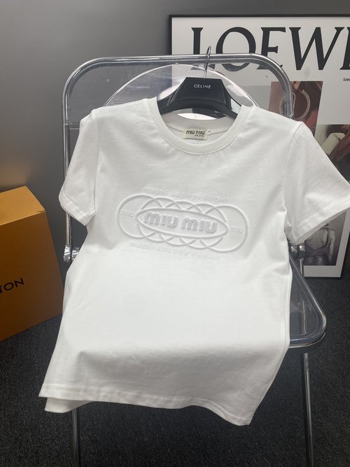 Miu Miu Stylish Short Sleeve with Embroidered Logo, Soft and Fashionable