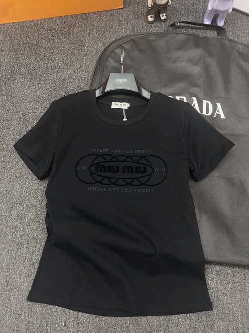 Miu Miu Stylish Short Sleeve with Embroidered Logo, Soft and Comfortable