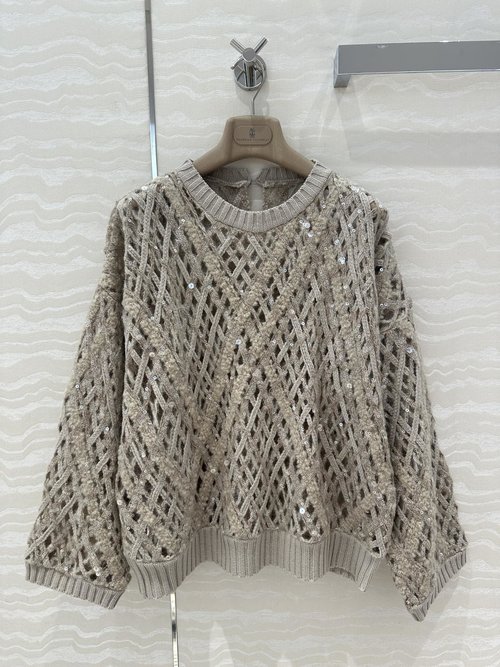 Brunello Cucinelli Exclusive High-End Knit Sweater with Embroidered Sequins and Loose Fit