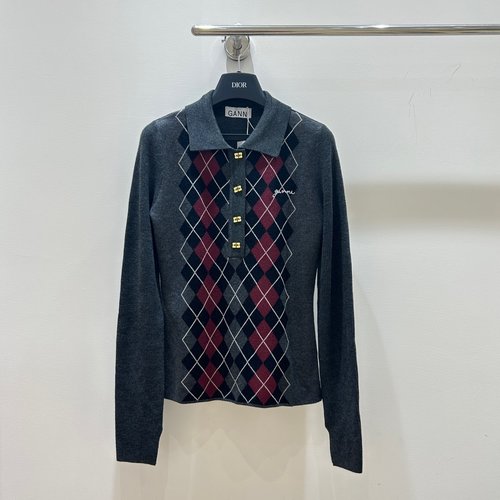 Ganni Embroidered Checkered POLO Neck Knit Top, Retro Design