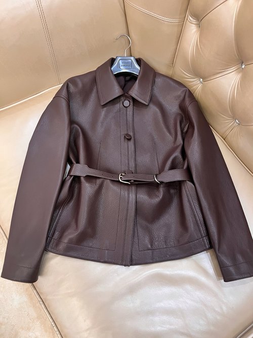 Hermes Runway Short Leather Jacket in Sheepskin with Belted Waist