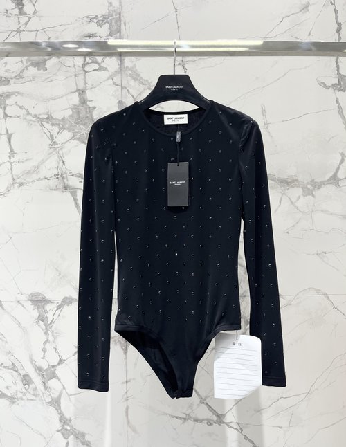 Yves Saint Laurent Elastic Cotton One-Piece Bodysuit with Rhinestones for a Sexy Look