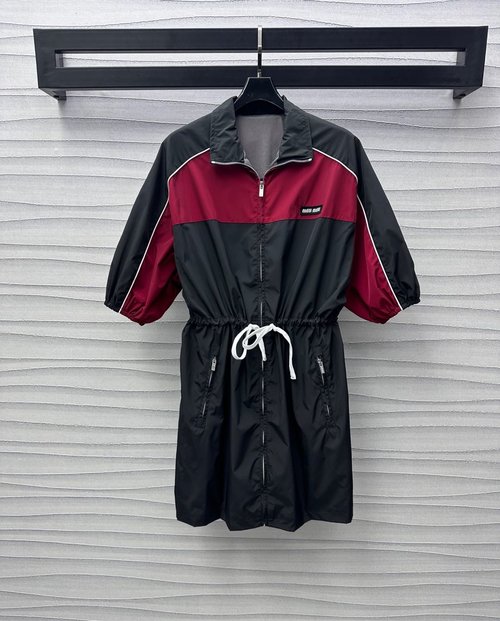 Miu Miu Workwear Style Zip-up Collared Contrast Dress with Drawstring Waist