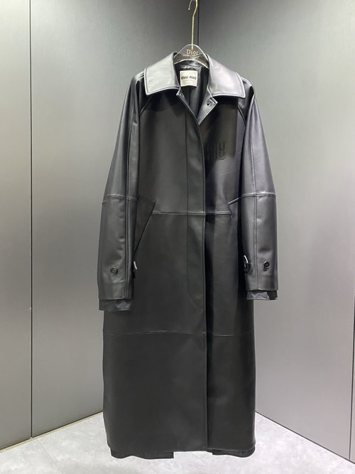 Miu Miu Long Sheepskin Windbreaker with Chest Embroidery