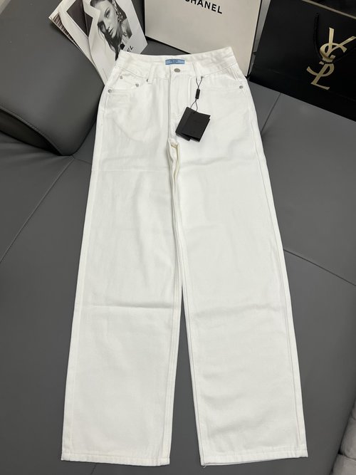 Dior Classic Triangle Logo Straight Jeans in Blue, Black and White