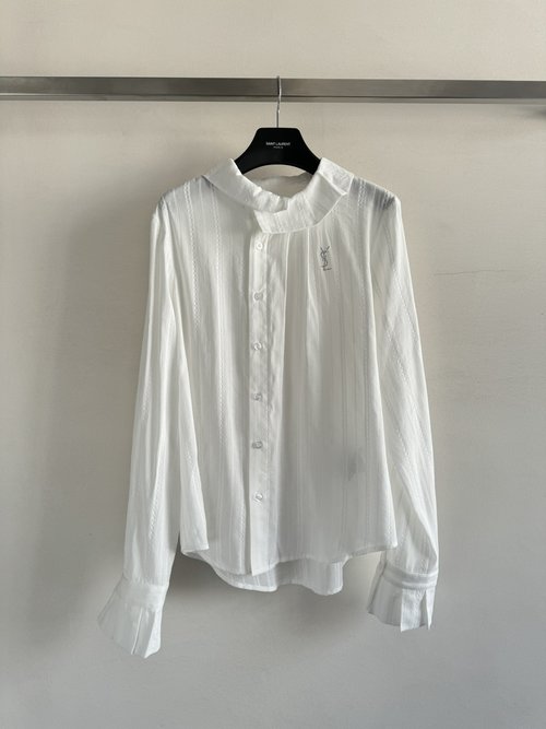 Yves Saint Laurent Ruffled Collar Cotton Blouse with Lace Texture