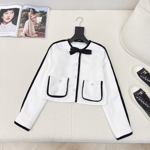 Chanel Elegant Black and White Knitted Small Coat with Bow