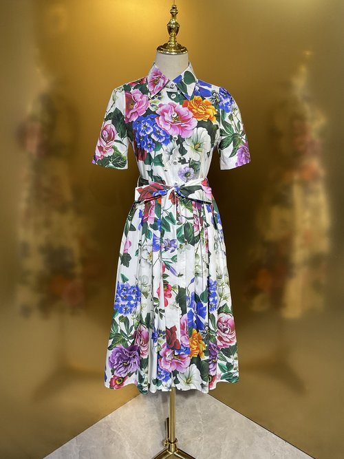Dolce & Gabbana Cotton Short-Sleeve Flared Shirt Dress with Violet Orchid Pattern