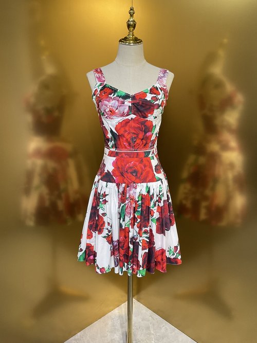 Dolce & Gabbana White Base Colorful Flower Tight Cup Top and Small Skirt